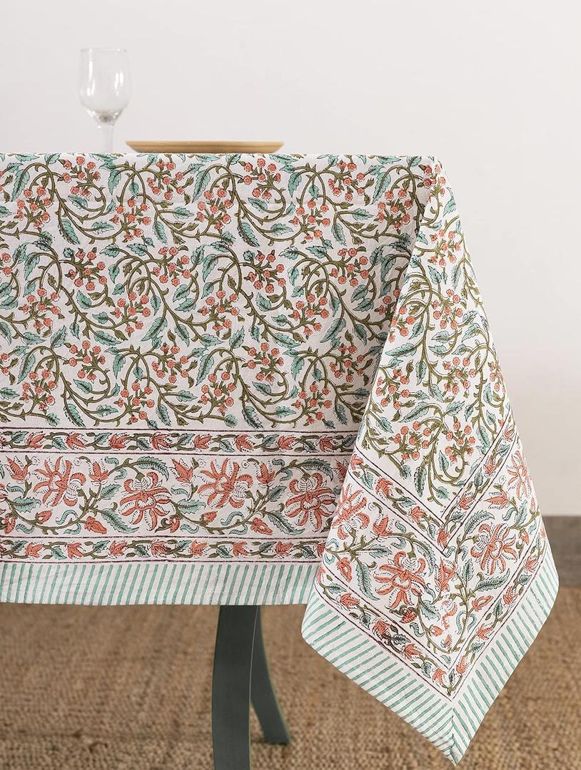 Labhanshi Indian Handblock Print Floral 100% Cotton Canvas Rectangle Table Cloth, 72x108 Inch 8-Seater Rustic Farmhouse Decorative Table Cover, Spring Easter Festive Holiday Decor, Berry Pink