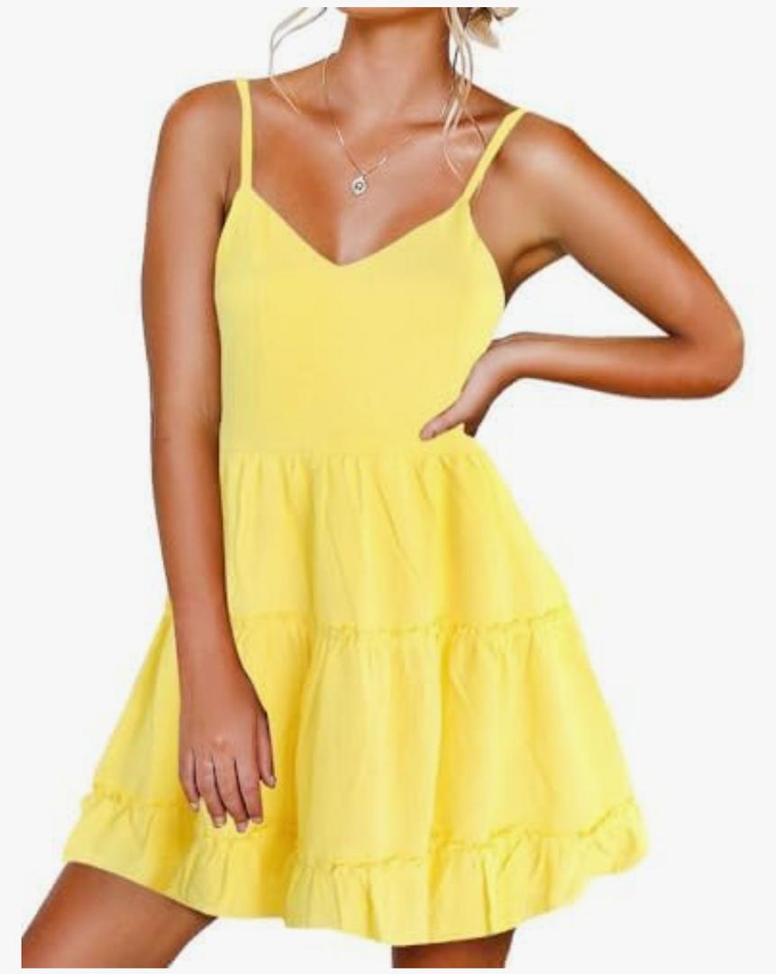 FANCYINN Women's Dresses with V-Neck and Spaghetti Straps Backless Sleeveless Floral Dress Ruffle Loose Swing Casual Dress, XS