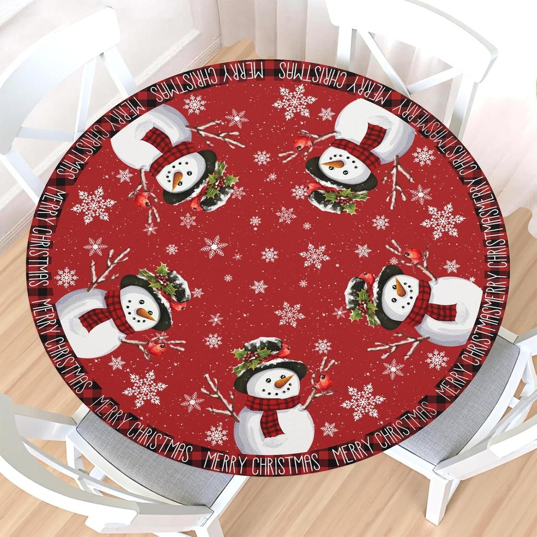 Merry Christmas Round Fitted Tablecloth with Elastic Edge,Waterproof Winter Red Checkered Xmas Snowman Snowflake Buffalo Plaid Table Cover for 40-44" Stretch Table Cloth for Dinner Indoor Outdoor