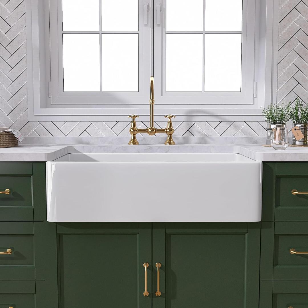 TUKTUK White Farmhouse Sink 30 inch Farm Sink Fireclay Apron Front Single Bowl Kitchen Sinks Deep Drop In Undermount Reversible Heavy Duty Easy-to-Clean Kitchen Basin with Luxury Modern Accessory Kit, Medium, Min. Cabinet Size: 33 in.