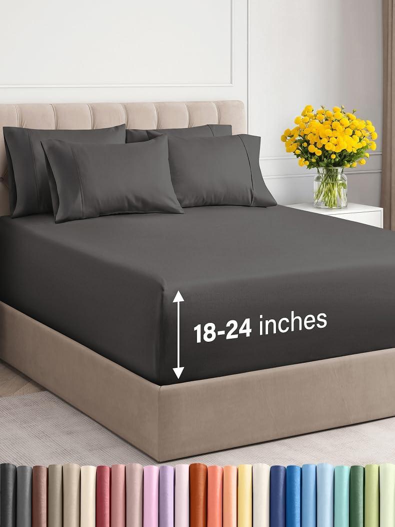 Extra Deep Cal King Sheet Set - 6 Piece Breathable and Cooling Sheets - Hotel Luxury Bed Sheets Set - Easy Fit - Soft, Wrinkle Free and Comfy Sheets Set - Charcoal Sheet Set with Extra Deep Pockets