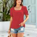 Womens Summer Tops Puff Short Sleeve Cute T Shirts Dressy Casual Square Neck Blouses Clothes (Red)