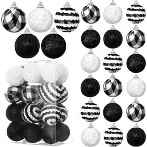Lenwen 24 Pcs Christmas Tree Balls Ornaments Black and White Christmas Ornaments Buffalo Plaid Christmas Tree Decorations for Xmas Party Tree Decor
