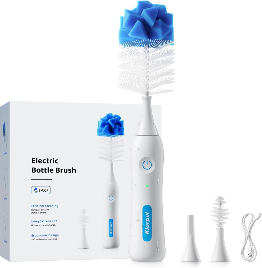 Electric Bottle Brush Cleaner, IPX7 Waterproof Baby Bottle Brush with Replaceable Nipple Cleaning Kit & Extender Rod, 2 Speed Modes, 360 Auto Cleaning, 2000mAh Battery, Rechargeable, Blue