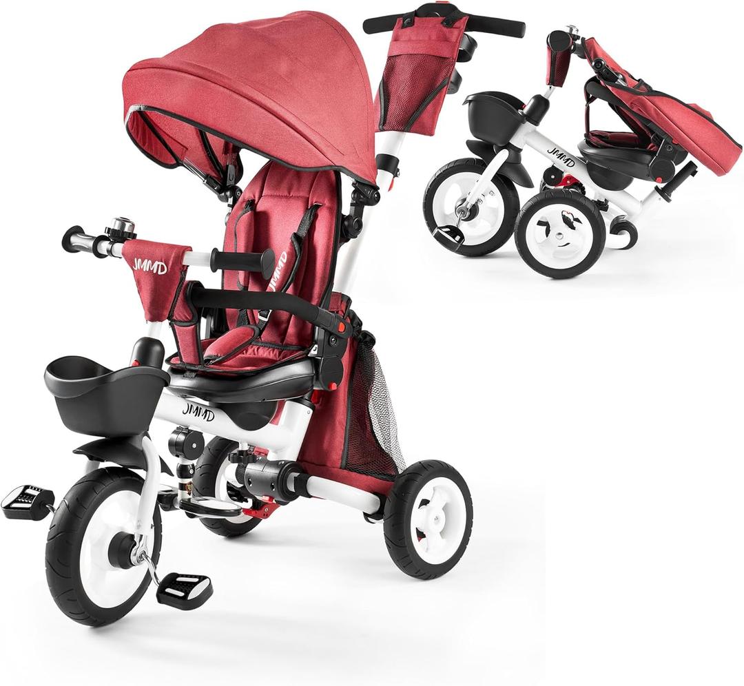 JMMD Baby Tricycle, 7-in-1 Folding Kids Trike with Adjustable Parent Handle, Safety Harness & Wheel Brakes, Removable Canopy, Storage, Stroller Bike Gift for Toddlers 18 Months - 5 Years (Red)