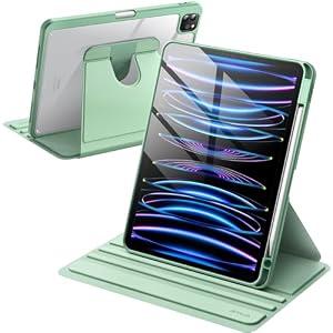 JETech Rotating Case for iPad Pro 11-Inch 2022/2021(4th/3rd gen) with Pencil Holder, 360 Degree Rotation Protective Stand Cover Clear Back, Auto Wake/Sleep (Matcha Green)