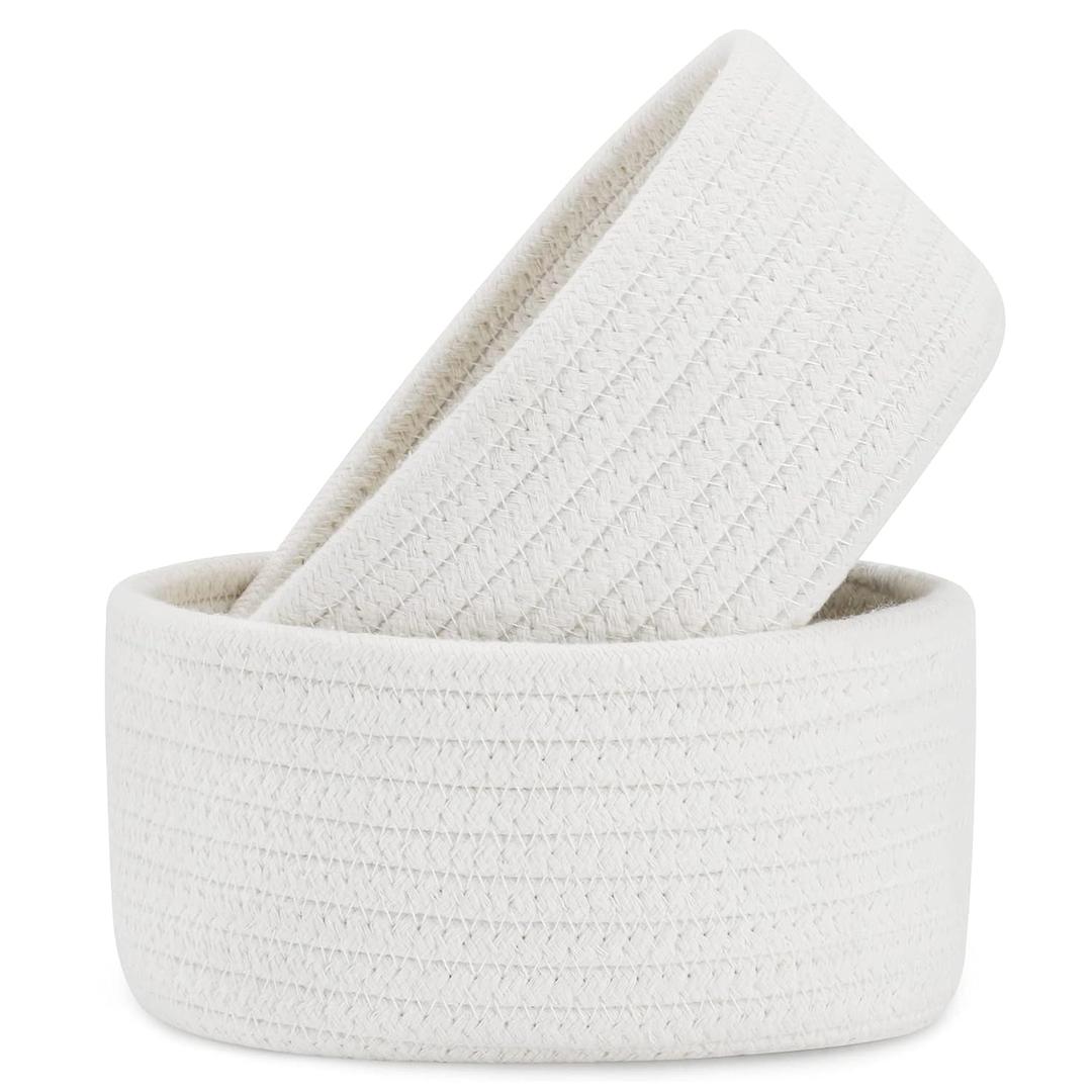2 Pack ABenkle Small Storage Baskets, Natural Cotton Rope Woven Baskets for Organizing, Tiny Oval Storage Easter Baskets, Small Basket, Cat Dog Toy Baskets, Bathroom Organization Bin (White)
