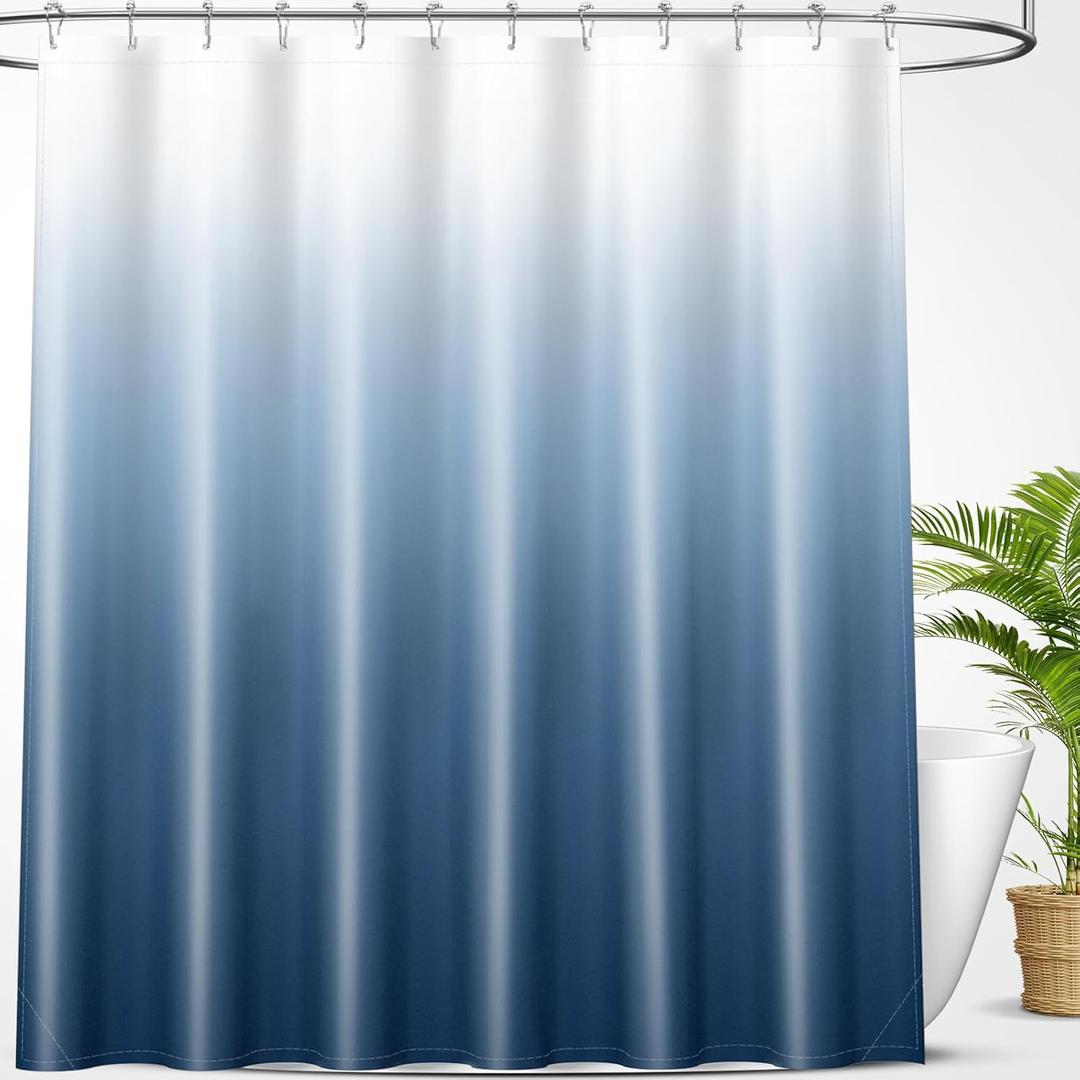 OLANLY Luxury Blue and White Ombre Shower Curtain Sets with 12 Hooks, Waterproof and Washable Decorative Shower Curtains for Bathroom, 72x72 Inches