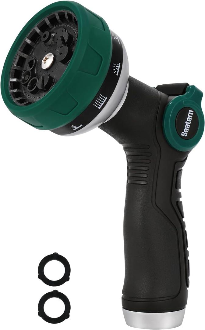 Heavy Duty Garden Hose Nozzle, Water Hose Sprayer Nozzle with Thumb Flow Control, 10 Spray Patterns, High Pressure Hose Nozzle for Lawn & Plant Watering, Car & Pet Washing Forest Green
