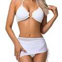 SHAPEBUS 3 Piece Swimsuits for Women High Waisted Bikini Mesh Skirt Halter Bikini Sets for Women White XL