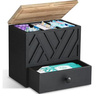 Tampon Holder for Bathroom Decor, Feminine Product Organizer with Lid and Drawer, Shark Week Tampon Storage, Wood Pad and Tampons Organizer for Toilet Storage, Bathroom Accessories Box for Girl Stuff (Black)