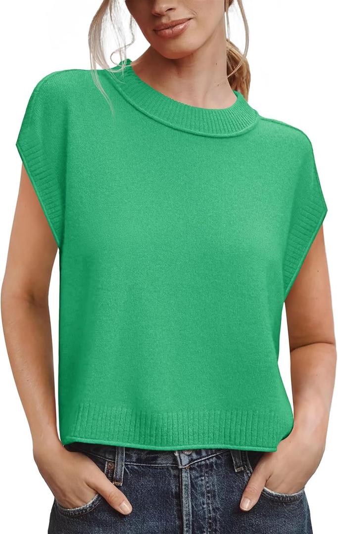 Saodimallsu Womens Cap Short Sleeve Sweater Vest Summer Casual Crew Neck Loose Knit Lightweight Pullover Tank Tops (Small, Green)