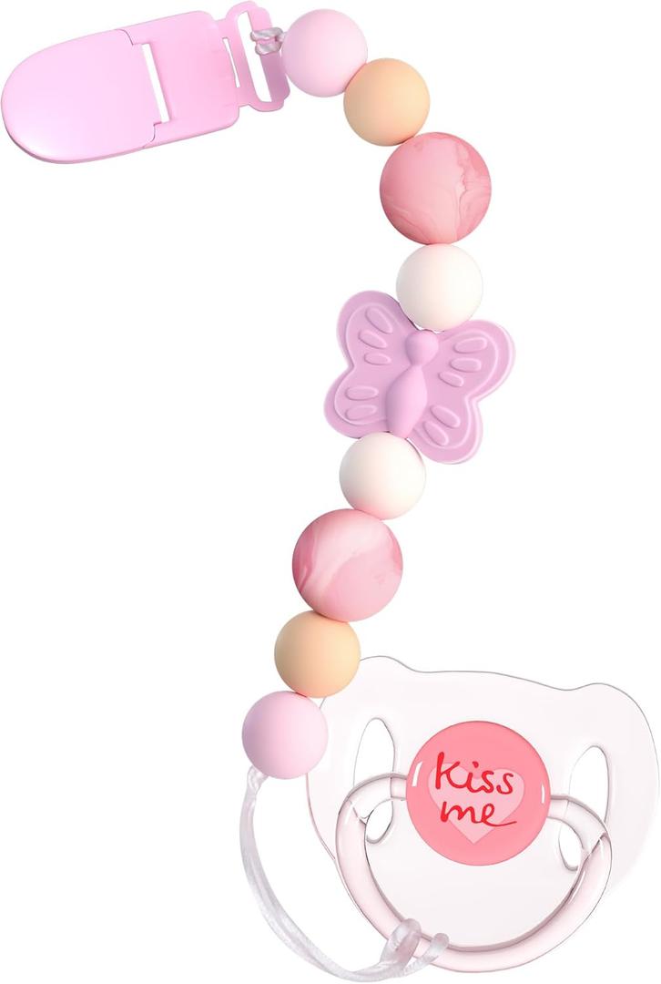 Aori Pacifier Clips for Rebron Baby Dolls Silicone Holders Clips with Magnetic Pacifier -Pink