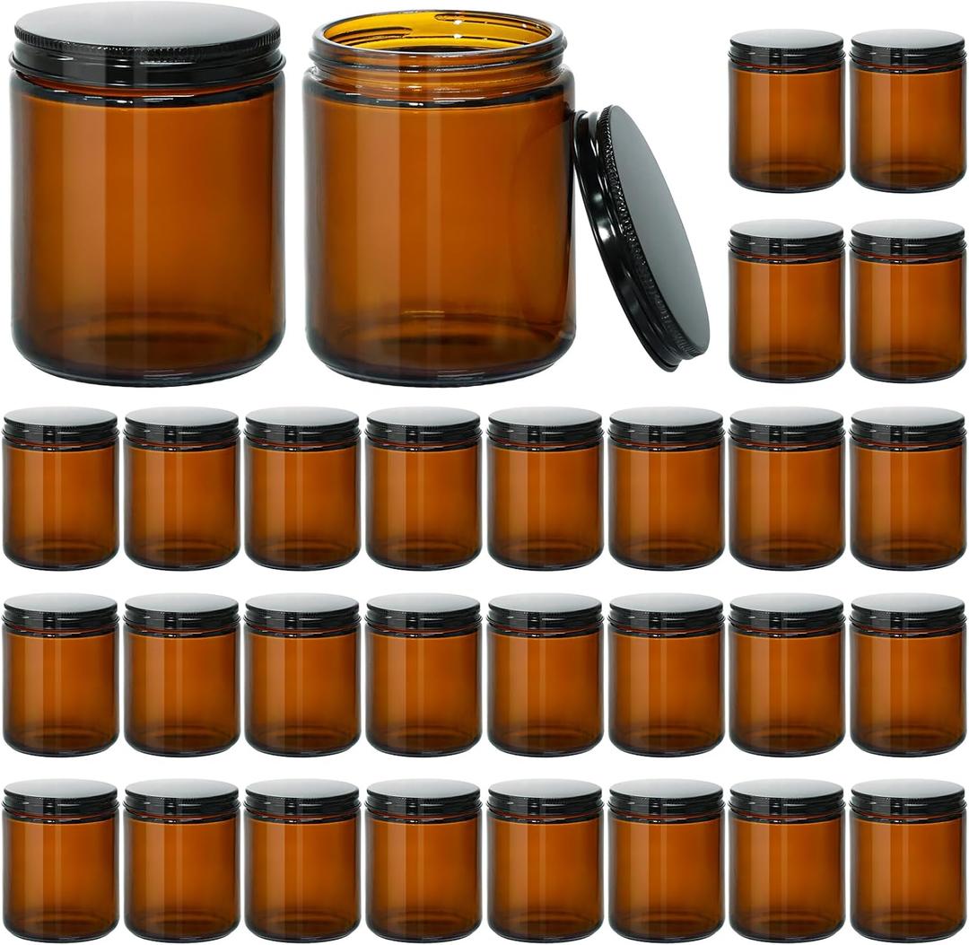 KEYWING 8 oz Candle Jars with Lids, 30 Pack Amber Glass Jars with Black Metal Lids, Round Candle Containers, Empty Jar for Making Candles, Powder, Liquid, Cream