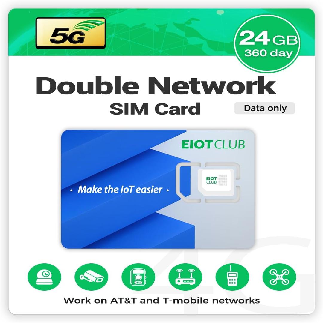 EIOTCLUB Prepaid Data SIM Card for 5G/4G LTE Security Cameras - 24GB 360Day Reliable IoT Connectivity for Non-WiFi Areas (Farm, Barn, Construction Site- Works with U.S. Networks (No Contract)