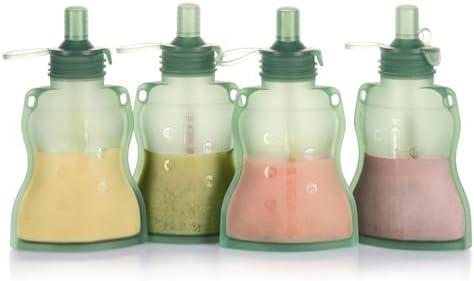 haakaa Baby Food Pouch Refillable Baby Squeeze Silicone Yummy Pouch, Soft Reusable Squeeze Storage Food Pouch for Kids Toddler,Home Made Food Puree,Smoothie Pouch Bag, 4oz, 3 Pack,6m+(Pea Green)