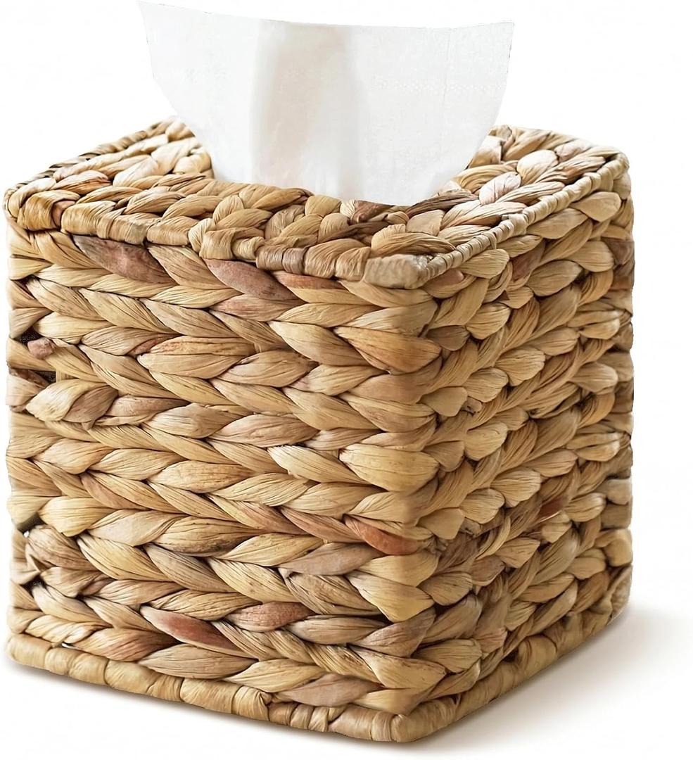 Tissue Box Cover, Square Wicker Tissue Box Holder Facial Tissues Boxes, Hand Woven Napkin Box Tissue Holder for Bathroom Bedroom Office Table Desk Night Stand, Boho Decorative, Natural