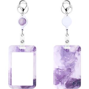 Sliding ID Card Badge Holder with Retractable Badge Reel Carabiner Clip Fashionable Vertical Card Protector for Women Men Teacher Student Nurse,Purple