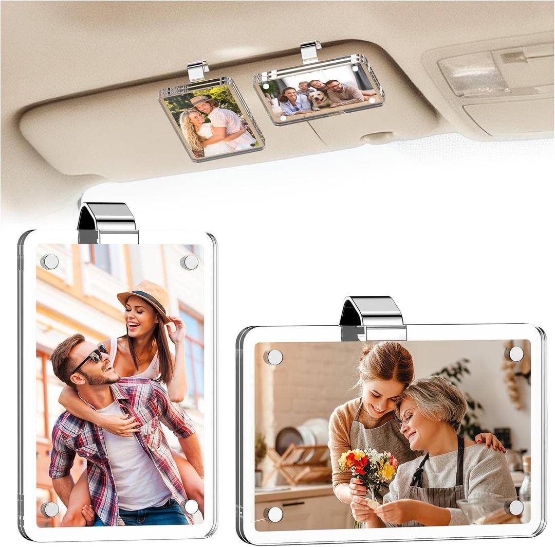 2 Pack Car Picture Holder for Sun Visor, Magnetic Acrylic Car Photo Clip Compatible with Instax Mini 12 11 9 & Polaroid Go, Horizontal & Vertical Display for 2.4" x 3.5" Wallet Size Photos, Personalized Car Decor Accessories Gift