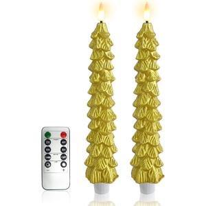 Tree Flameless Candles Set of 2  Gold 10 Inch Electric LED Candles with 10 Key Remote, Battery Operated Candle, Real Wax Coating for Wedding Dinner Home Decor