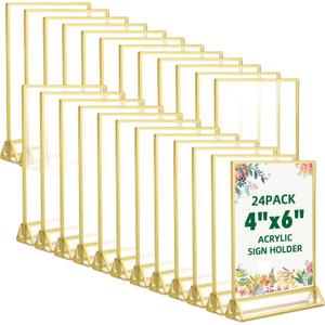 TonGass 24-Pack 4"x6" Gold Acrylic Picture Frames – 3mm Gold Border Wedding Table Number Holders, Clear Double-Sided Acrylic Sign Holders for Weddings, Banquets, Parties, Centerpieces