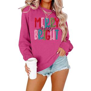 Merry Christmas Sweatshirts Women Merry And Bright Christmas Pullover Top Chenille Patch Letter Printed Xmas Gifts Top (Small, Rose)