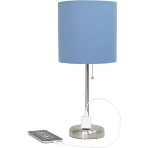 Simple Designs Two Pack Brushed Steel Stick Table Desk Lamp Set with Charging Outlet and Drum Fabric Shade for Living Room, Hallway, Nightstand, Office, Blue Shade