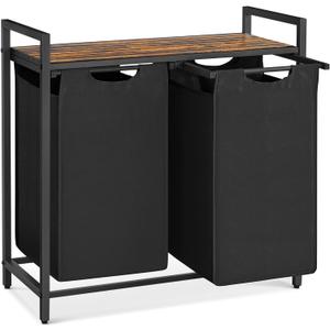VASAGLE Laundry Hamper, Laundry Basket, Laundry Sorter with 2 Pull-Out and Removable Bags, Shelf, Metal Frame, 2 x 12.1 Gallons (46L), 28.8 x 13 x 28.4 Inches, Rustic Brown and Black UBLH201B01 (92 L, Black + Rustic Brown)