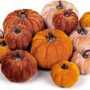 Whaline 12Pcs Fall Faux Velvet Pumpkins Thanksgiving Harvest Artificial Fake Pumpkin Rustic Assorted Sizes Orange Brown Khaki Small Foam Pumpkins for Fall Wedding Party Home Table Decor