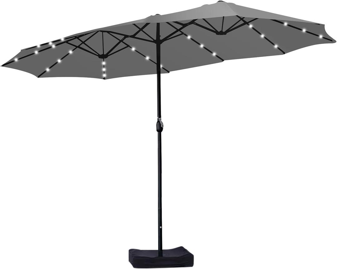 15ft Double Sided Patio Umbrella with Solar Lights, Outdoor Large Umbrellas with Crank Handle and 36 LED Lights, Rectangular Market Umbrella with Base Included for Deck Pool Shade (With Base)