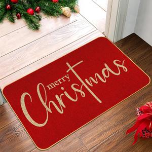 Red Merry Christmas Welcome Decorative Doormat, Seasonal Winter Low-Profile Floor Rug for Indoor Outdoor 17x29 Inch