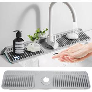 24"Longer Silicone Faucet Mat For Kitchen Sink Splash Guard -7 Slope Snap Lock- Sink Faucet Mat Splash Guard Kitchen Sink Area Silicone Sink Water Splash Guard Behind Faucet (Gray, 24"x5.5")