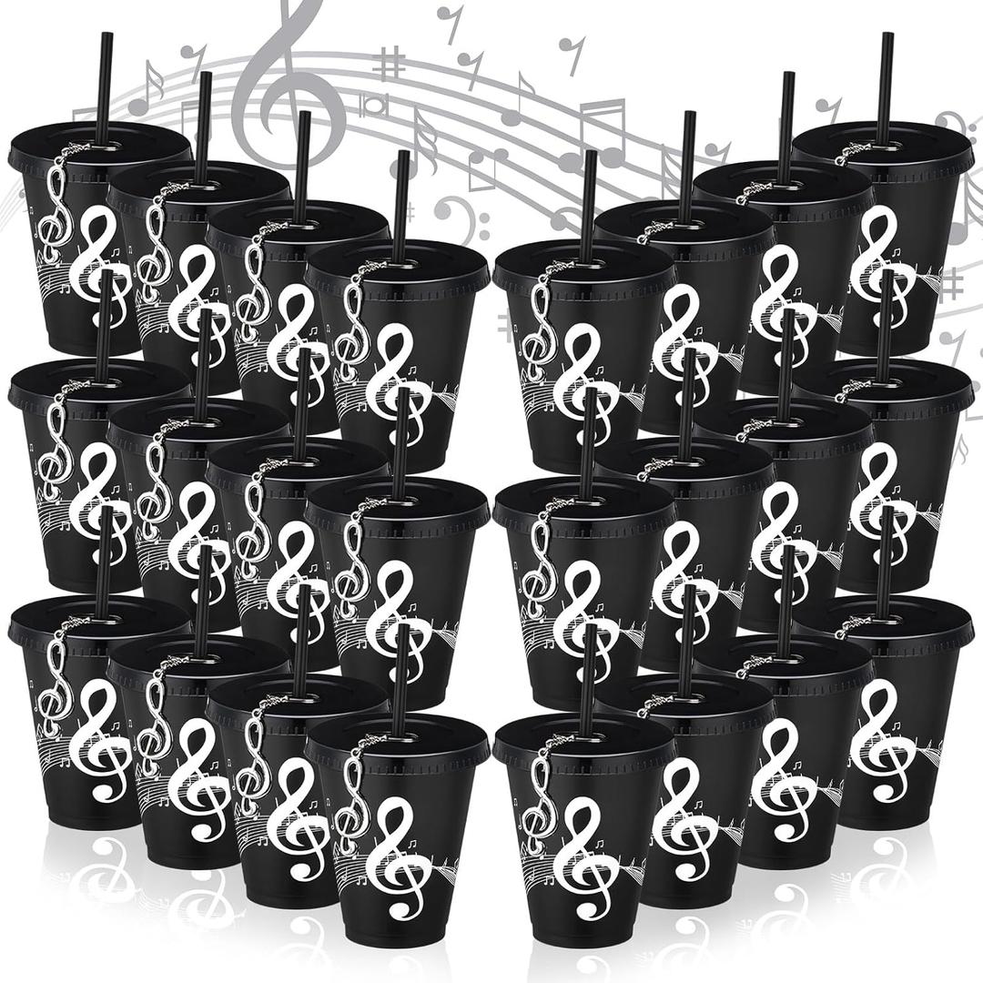 Skylety 24 Sets Music Themed Gifts Musical Tumbler Cups Bulk 24 oz Reusable Musical Note Plastic Tumbler with Straw and Lid Keychain Gifts for Music Lover Party Favor (Black)