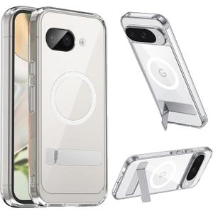 for Pixel 9a Magnetic Case Clear Compatible with MagSafe, Built-in 2-Way Kickstand [Horizontal & Vertical Stand] Magnetic Crystal Slim Fit Rugged Cover (Clear)
