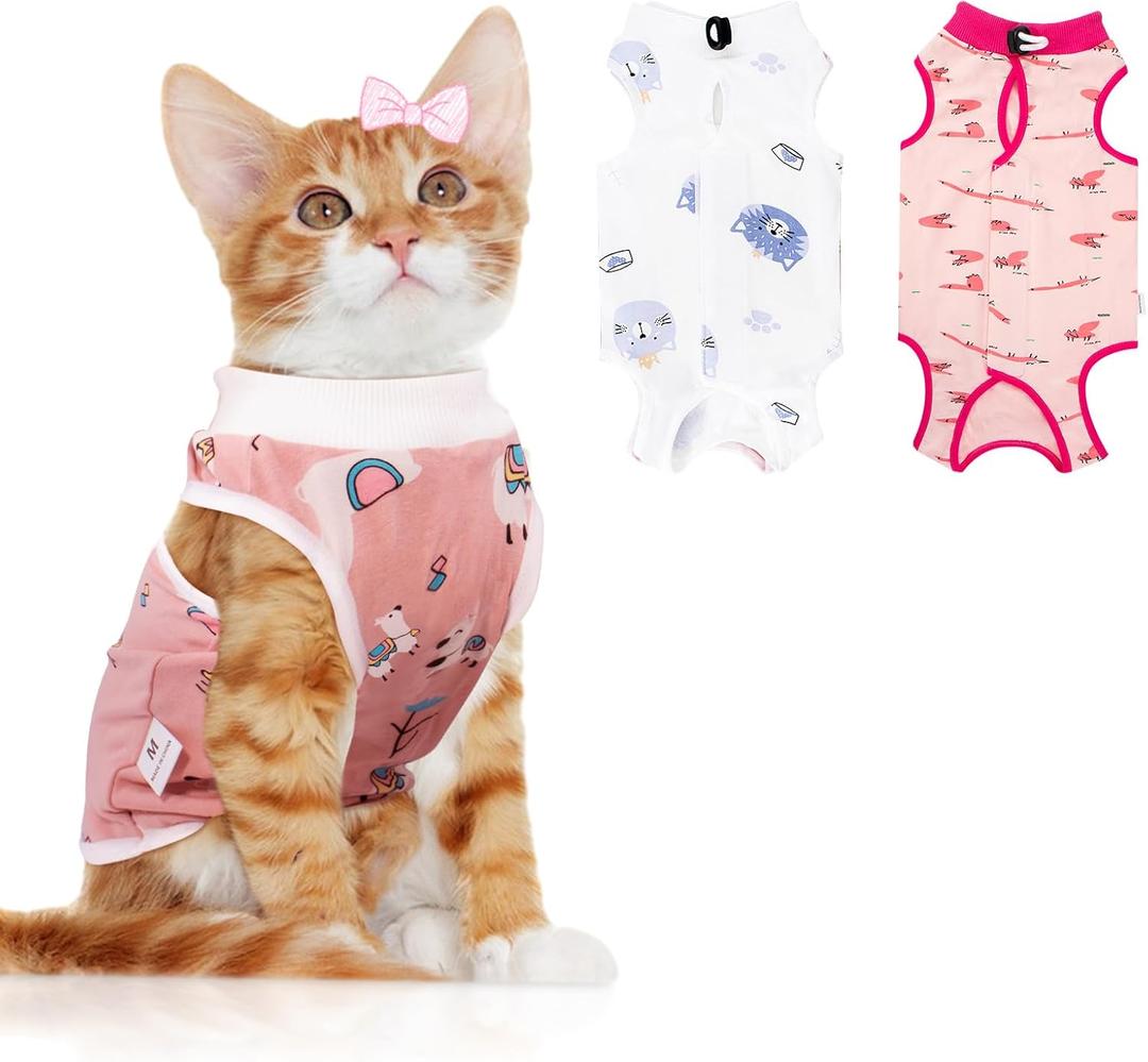Coppthinktu 2 PCS Cat Recovery Suit for Spay Abdominal Wounds Cat Onesie for Cats After Surgery Recovery Suit Female Breathable E-Collar Alternative Kitten Onesie Anti Licking Small