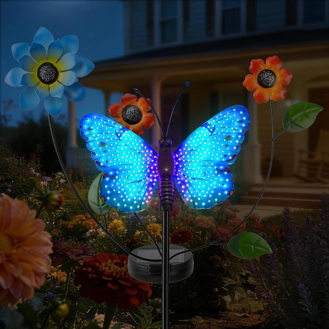 Solar Butterfly Garden Lights, 2 Lighting Modes, Colorful LED with Flower & Butterfly Decor, Waterproof Solar Stake Lights for Garden Yard Patio Lawn Pathway (Blue)