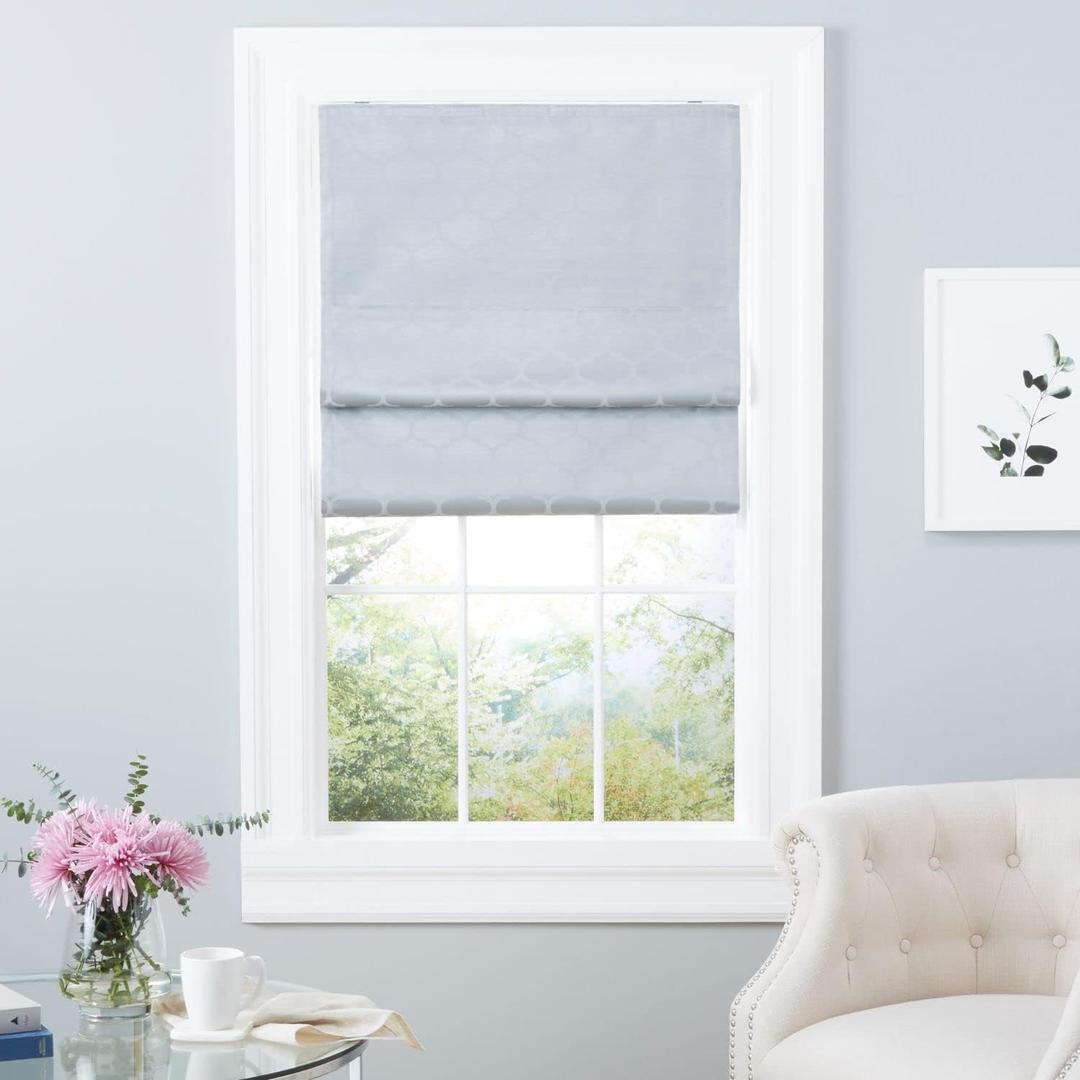 Exclusive Home Montague Trellis Total Blackout Roman Shade, 34"x64", Silver