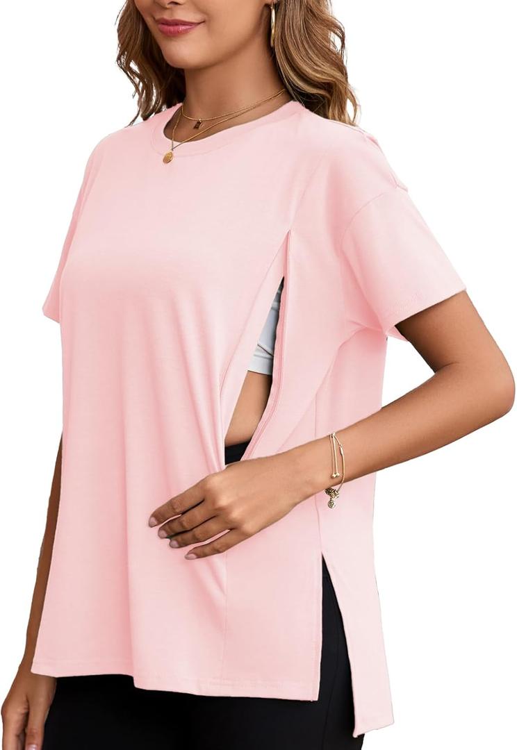 Ecavus Women's Oversized Nursing Shirts for Breastfeeding with Hidden Zipper Short Sleeves Side Splits Maternity Tops (X-Large, Pink)