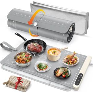 FYY Warming Mat for Food with Heat Resistant Pad, Prevent Countertop Cracks, Keep Meal Warm, Rapid and Full Surface Heating, 6 Temp Settings, 6H Timer, Upgraded Rollable Portable Food Warmer Mat Grey (Gray)