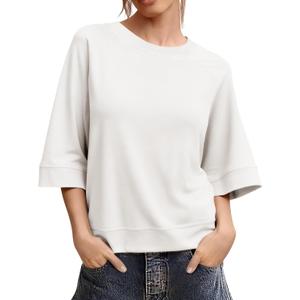 Tankaneo Womens Oversized Half Sleeve T-Shirts Crew Neck Boxy Basic Tees Tops Summer Casual Loose Fit Tunic Shirts, White, Small