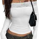 GORGLITTER Women's Off The Shoulder Lace Tops Long Sleeve Ribbed Knit Date Night Coquette Cropped T Shirts M