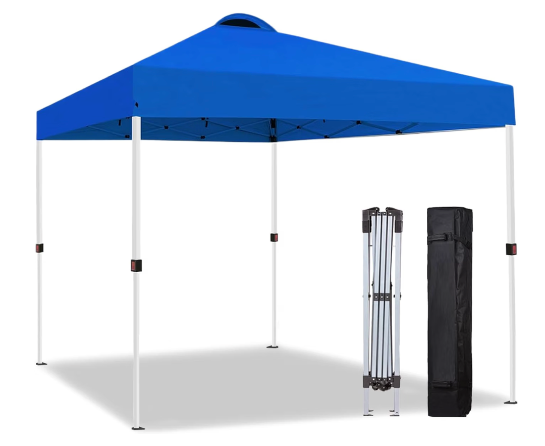 10x10 Pop Up Canopy Tent, Instant Folding Outdoor Shelter with High Strength Steel Frame and Handheld Carry Bag, Ground Stakes and Wind Ropes for Backyard Party, Camping, Beach Events, Blue