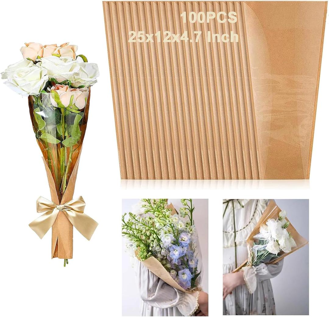Acrux7 100PCS Flower Bouquet Sleeve, 25.2x11.8x4.7 Inch Brown Kraft Flower Sleeves for Bouquets, Rose Flower Bags for Bouquets Floral Wrapping Paper for Wedding, Graduation, Florist Supplies