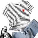 SweatyRocks Women's Heart Striped T Shirt Short Sleeve Shirt Crew Neck Casual Tee Top (White, XS)