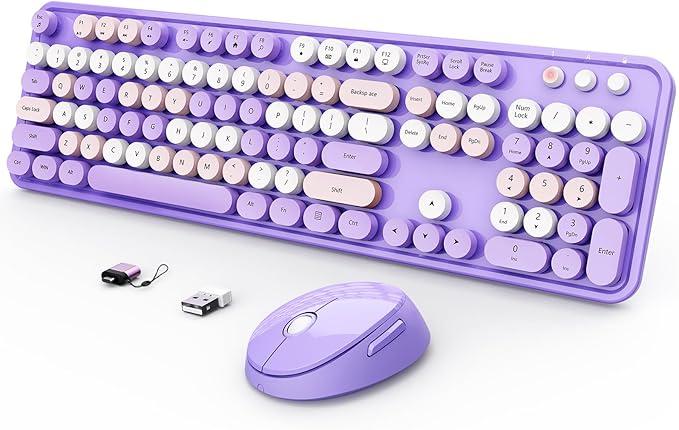 SkyGive Wireless Keyboard and Mouse Combo, Ergonomic Full Size Typewriter Retro Round Keycaps Keyboard, Compatible with Windows, PC, Perfer for Home and Office Keyboards (Purple)
