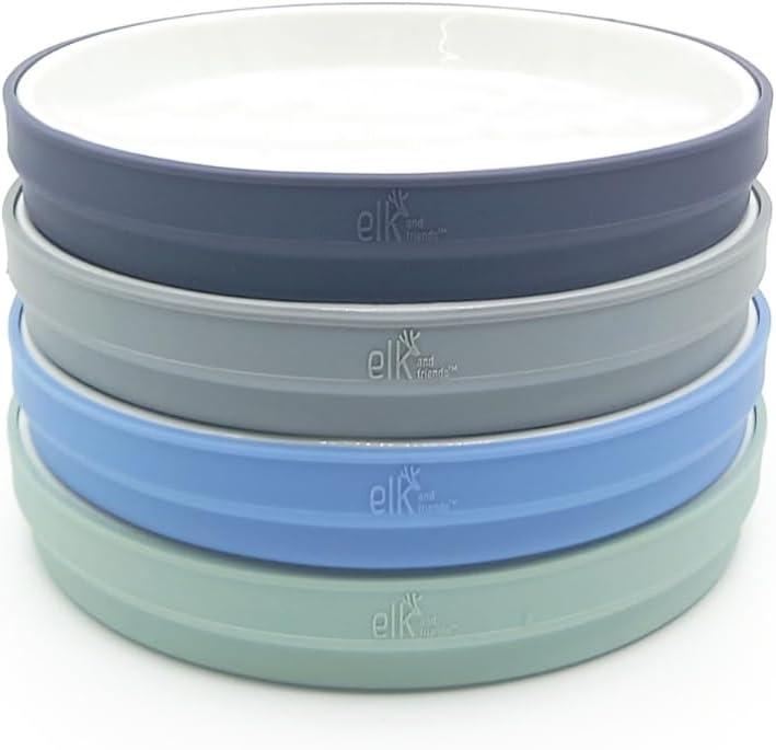 Elk and Friends Kids 7.8” Porcelain White Plates with Silicone Sleeves | Suitable for Babies/Toddlers | Microwave & Dishwasher Safe | Non Slip Dinnerware | Snack Dishes | 4 Pack