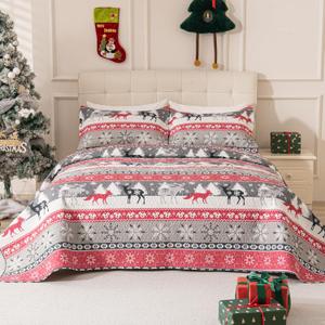 3-Piece Christmas Quilt Set King Size, Soft Xmas Snowflake Reindeer Bedding Sets Cozy Christmas Bedspread, New Year Holiday Santa Bedding Coverlet Set for All Season with 2 Pillow Shams,Red Gray