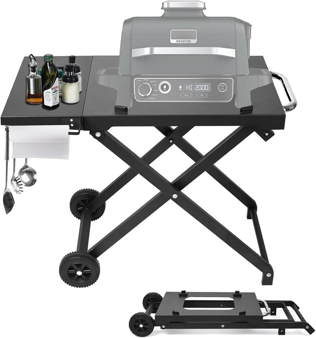 Grill Cart for Ninja OG701 OG751 OG700 Series, Collapsible Grill Stand for Ninja Woodfire Grill, BBQ Cart with Side Table, Tissue Holder and 4 Hooks