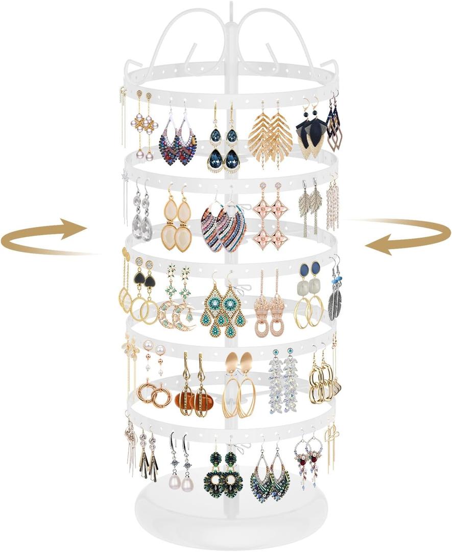 LASZOLA 5 Tier White Earring Holder Organizer Tree Women Display Storage for Stud and Hoop, Large Cool Rotating Clip Stand for Pierced and Dangle Earring, Vertical Metal Tower Carousel with 220 Holes