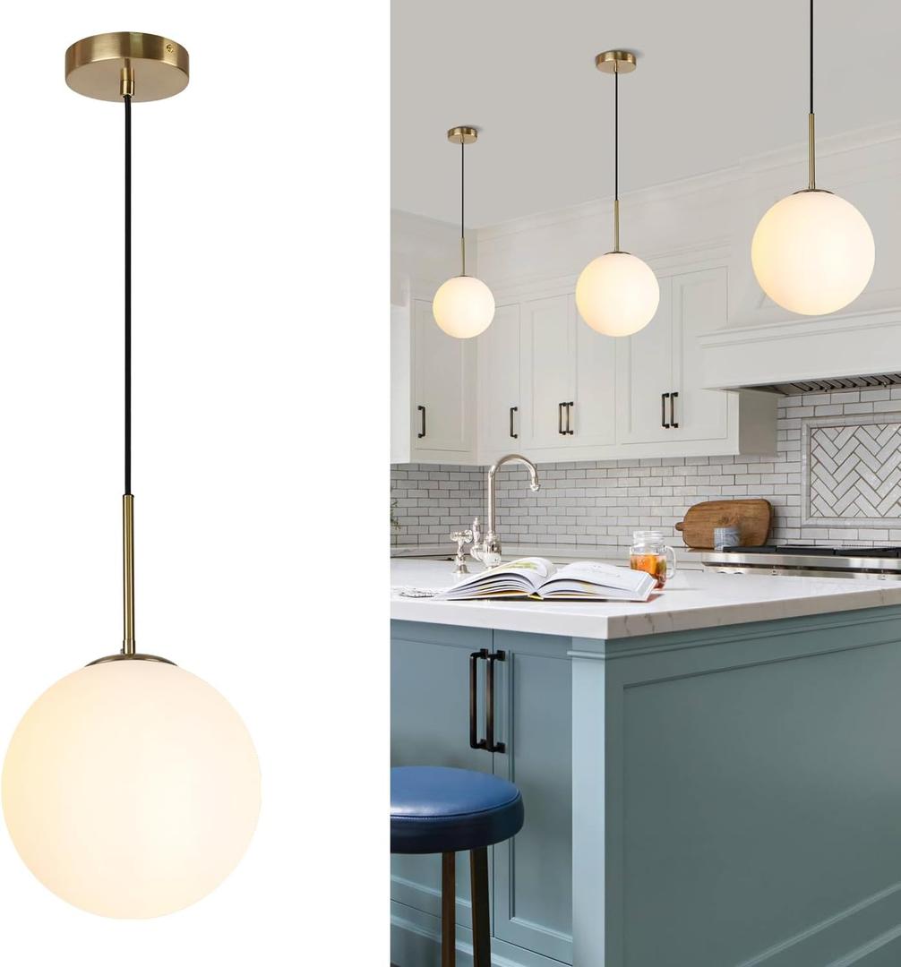 10" Milk Glass Pendant Light Mid Century Modern Globe Hanging Light Fixtures for Dining Room Kitchen Island Bedroom, Gold (Brass)